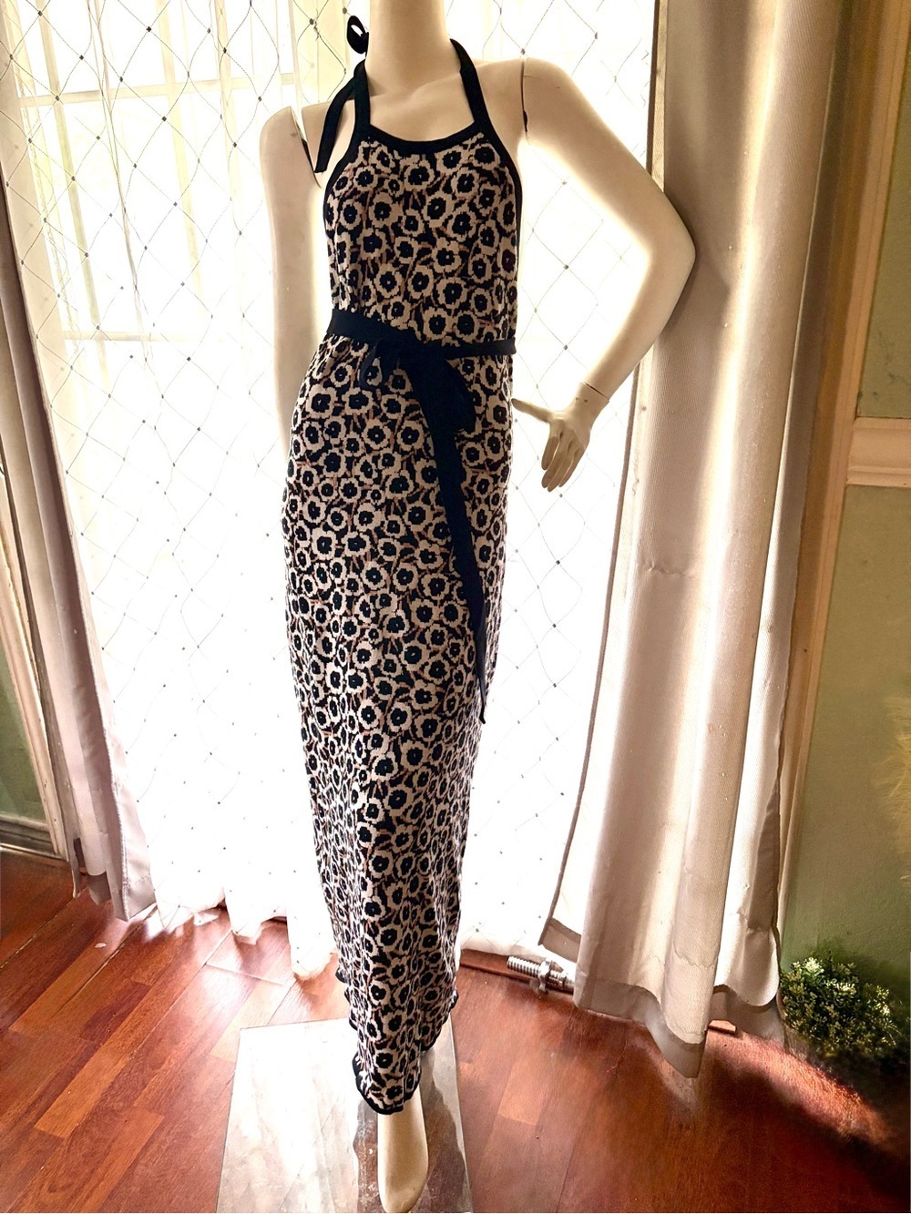 Diane Von Furstenberg Halter neck Floral Neutral Poppy sweater knit Midi Dress L - Picture 3 of 5